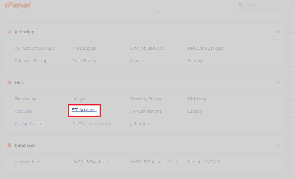 cPanel control panel with FTP area highlighted