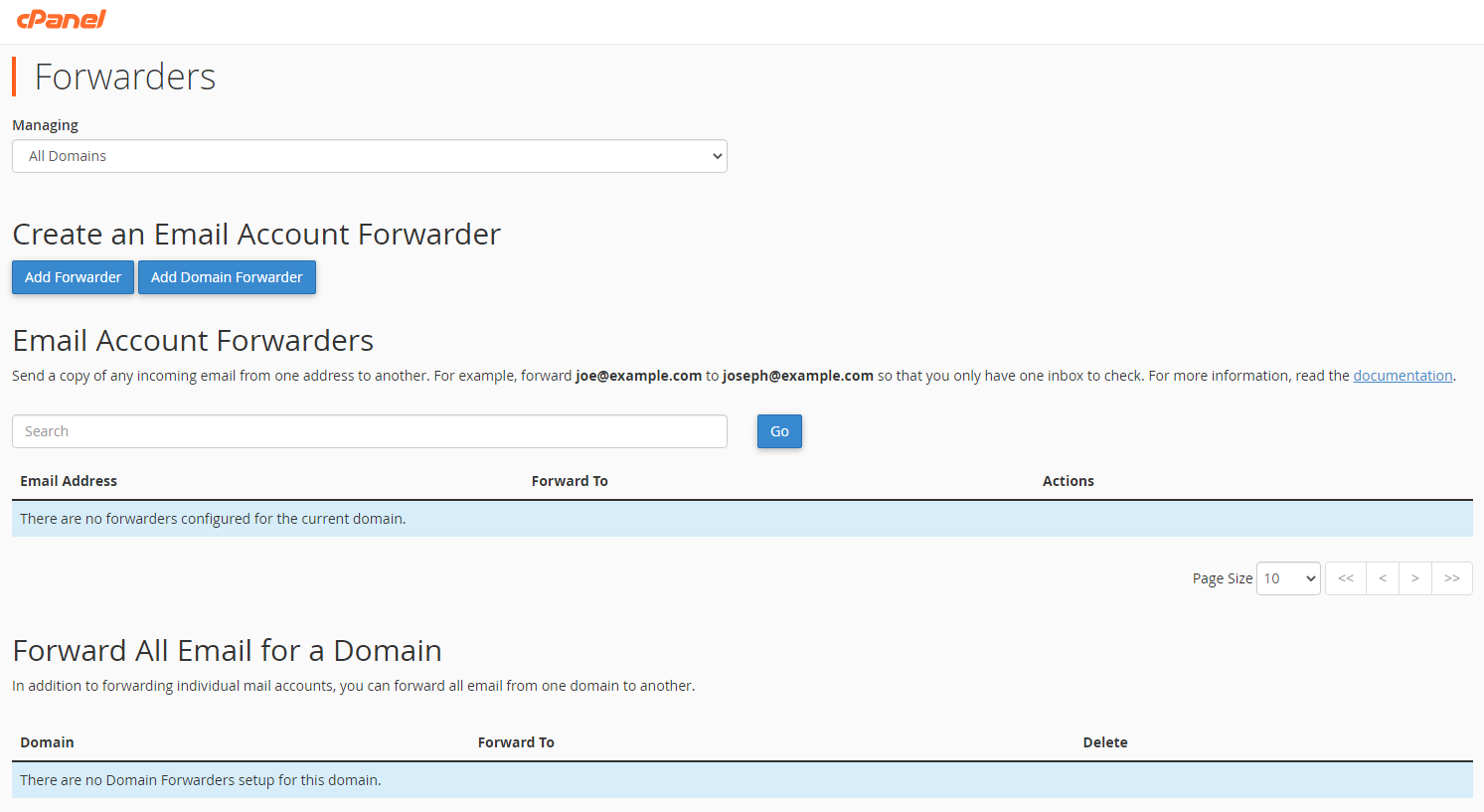 cPanel Forwarders Menu