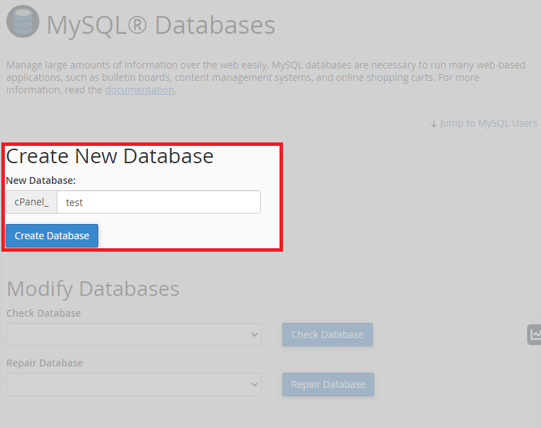 Manually create a database in cPanel