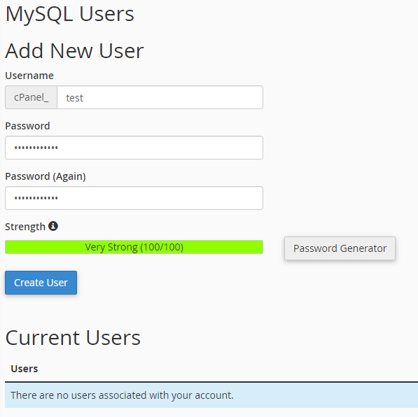 Manually create MySQL users in cPanel