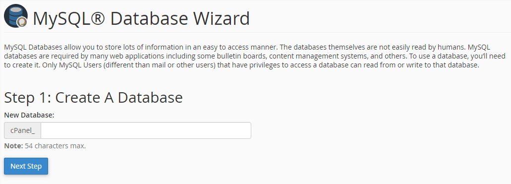 Create a new database with the cPanel MySQL Wizard