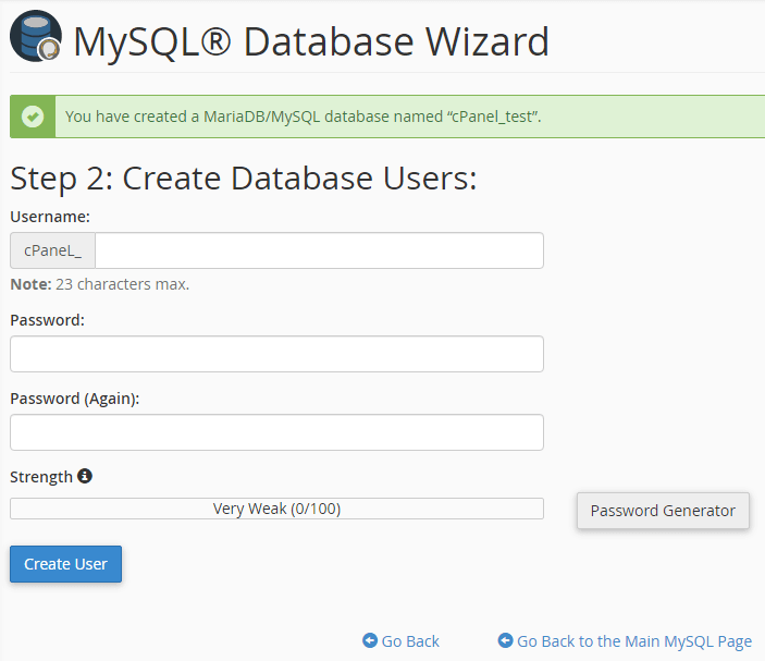 Creating a database user with the cPanel  the MySQL Wizard