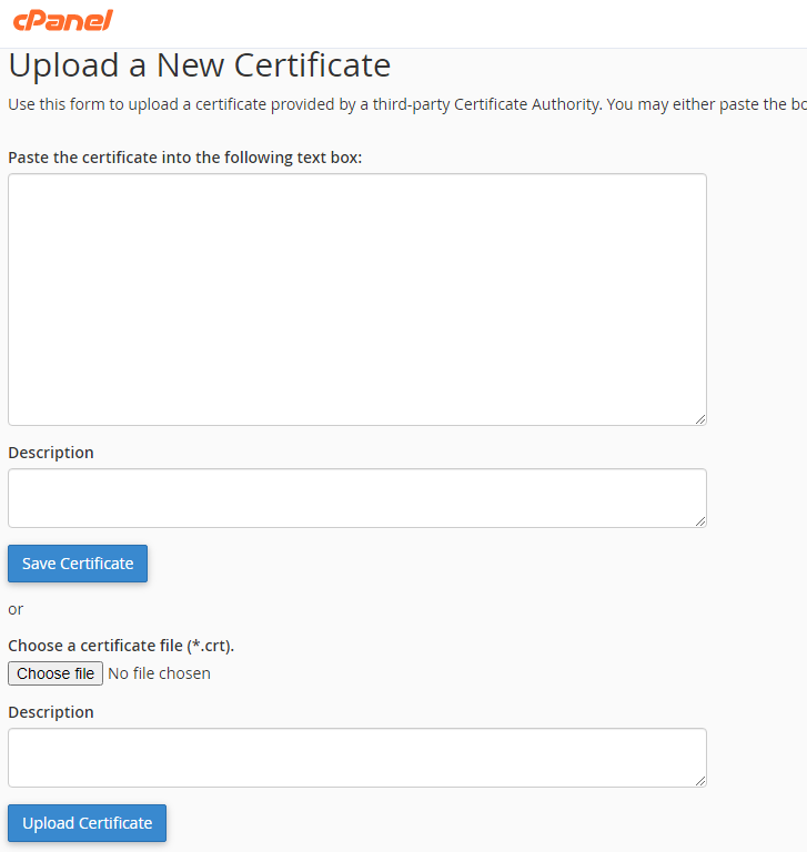 cPanel upload ssl certificate