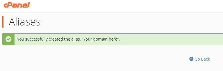 cPanel aliases tool showing alias added successfully 