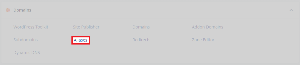 cPanel domains area with aliases highlighted