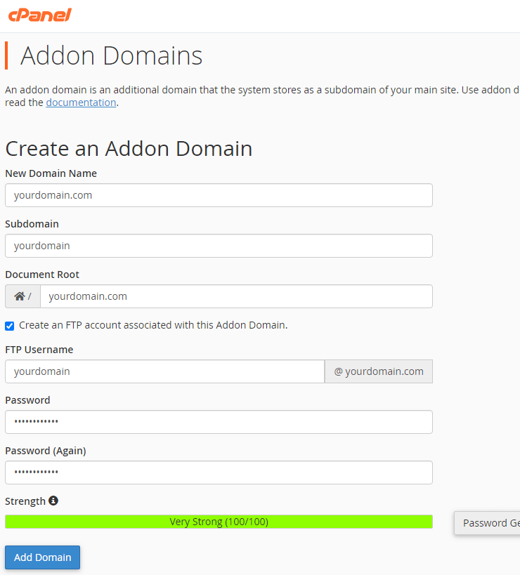 Create addon domain cPanel
