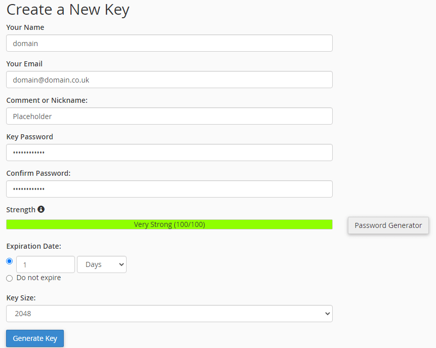 Create an encryption key cPanel