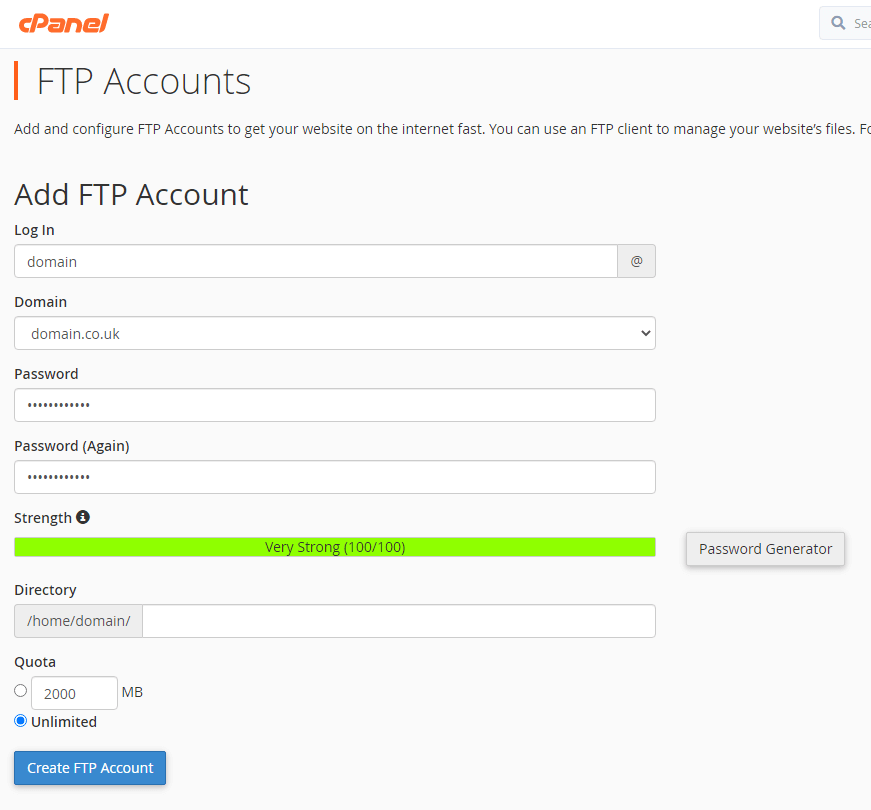 cPanel FTP account creator