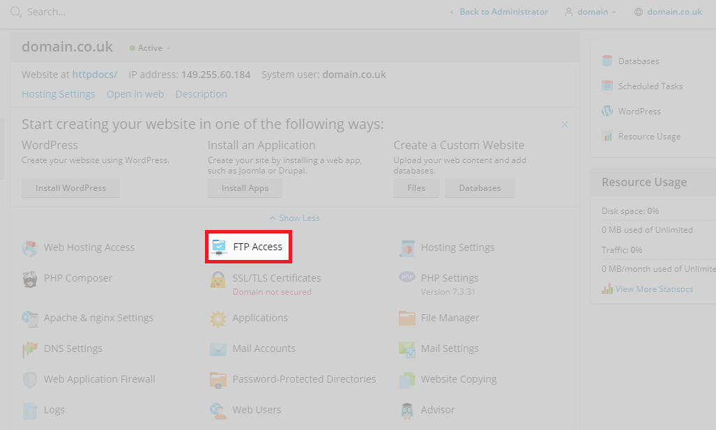 FTP access in Plesk