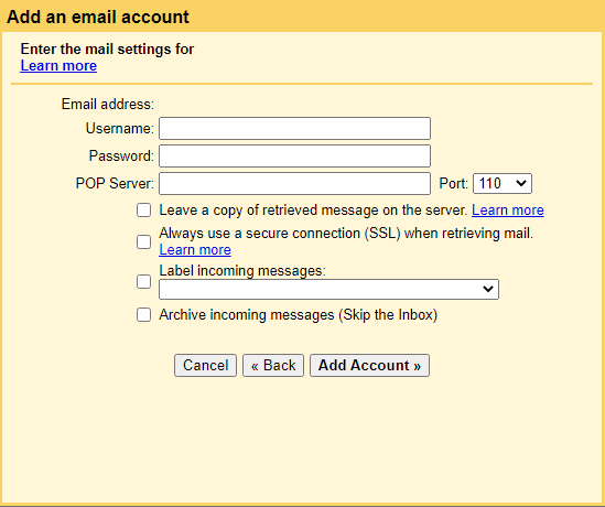 Enter the POP3 mail settings for the email address.