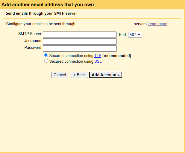 Enter the SMTP server details for the email address. 