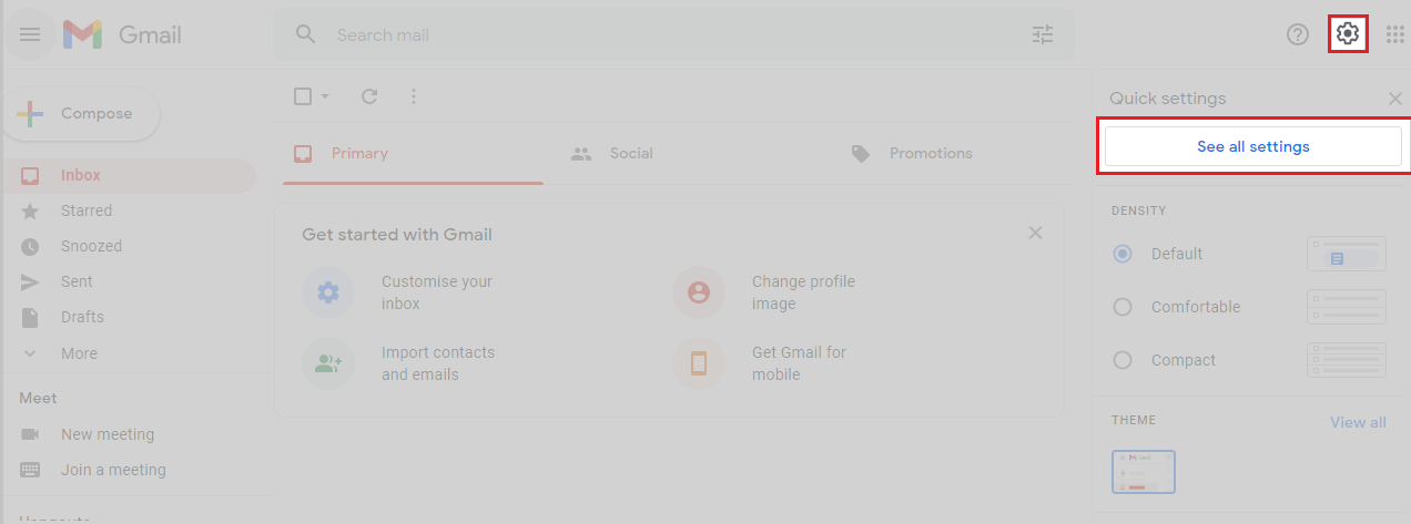 The all settings menu in Gmail web application.