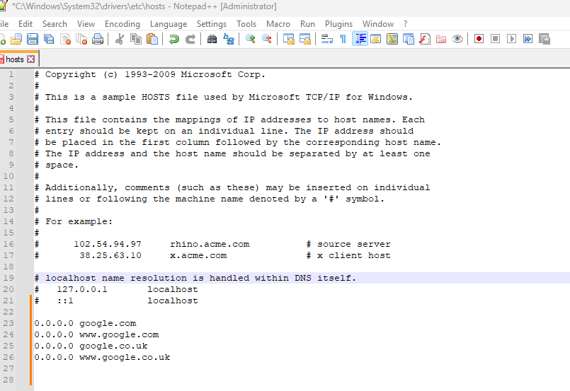 Entries in the hosts file commented out