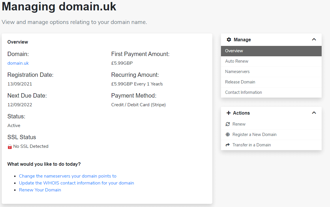 Manage your domain in client area