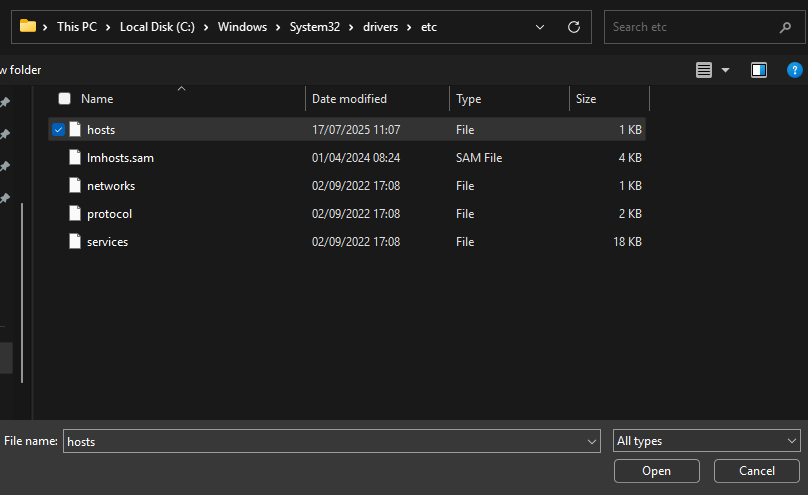 Opening the hosts file from notepad++