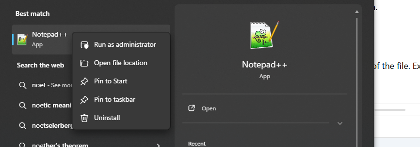 Opening notepad++ as administrator from the start menu in Windows