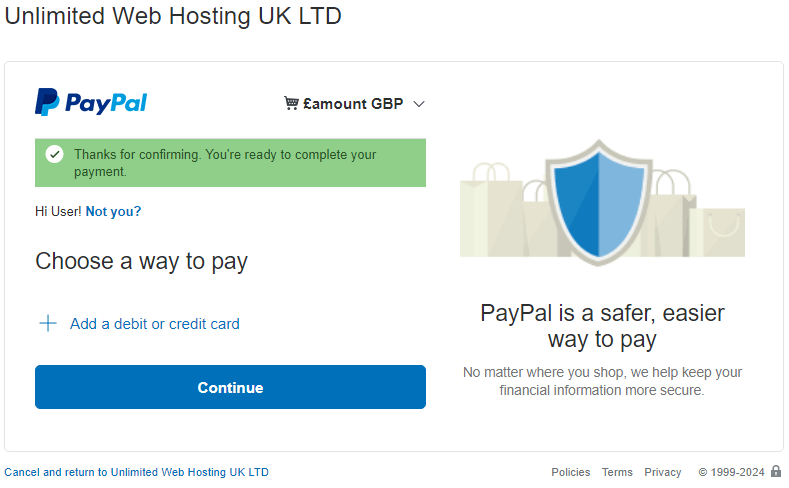 PayPal Payment Window