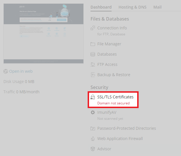 plesk domain area ssl/tls