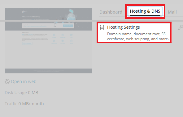 Plesk domain area hosting settings