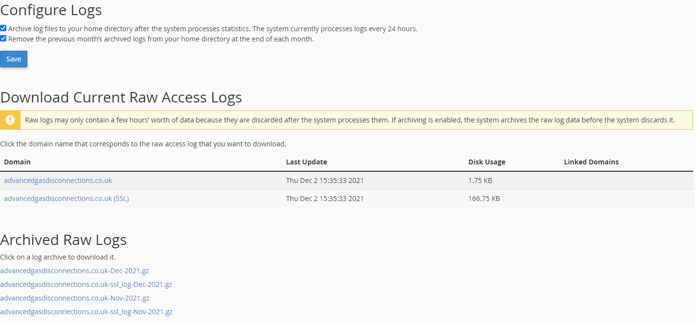 Raw access logs page in cPanel