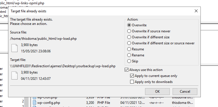 Filezilla showing overwrite warning