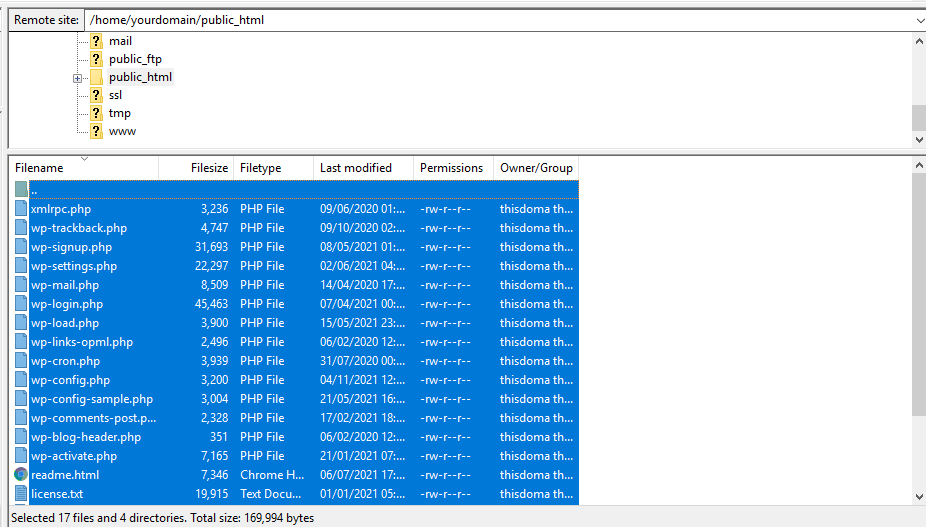 WordPress files selected in FTP