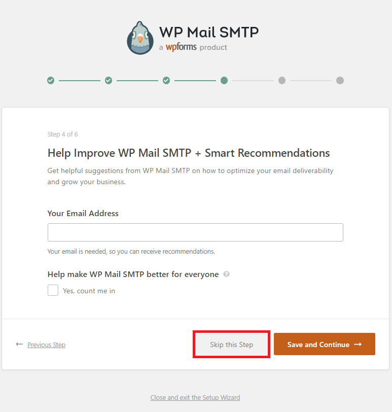 WP Mail SMTP Wizard Skip Step Email