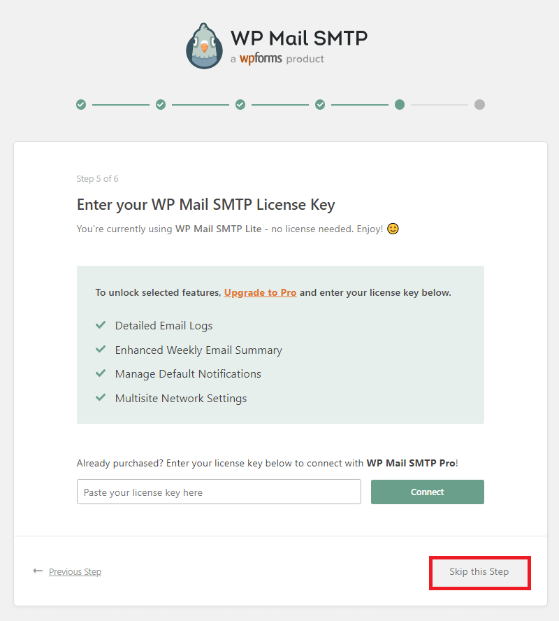 WP Mail SMTP wizard license key skip