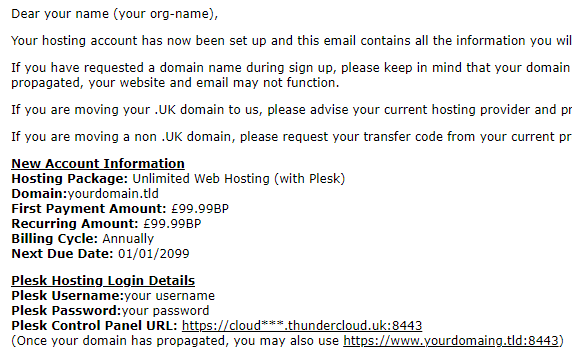 Unlimited web hosting welcome email, containing login information