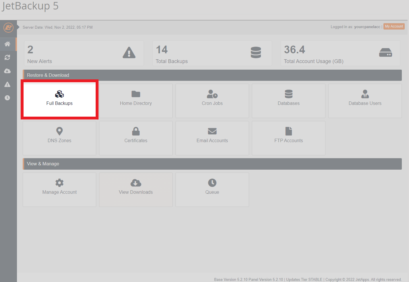 Full account backups as shown in JetBackup 5 