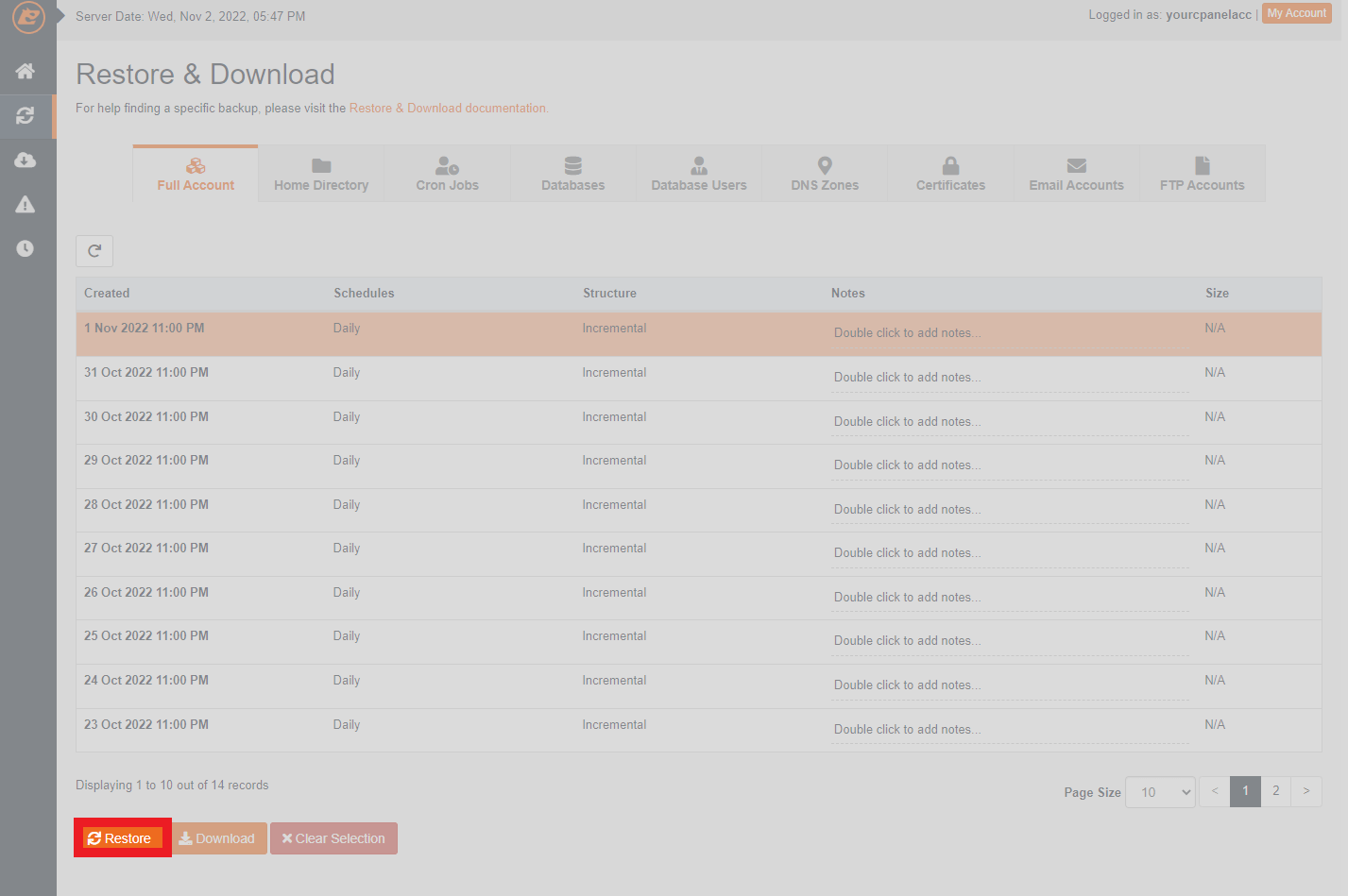 Initiate full account restore in JetBackup 5 