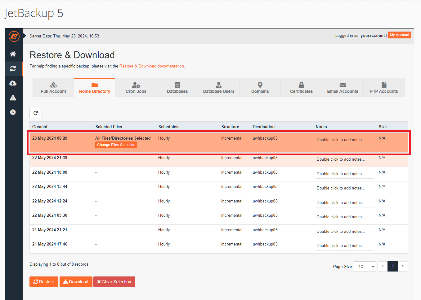 JetBackup 5 directory restore list 