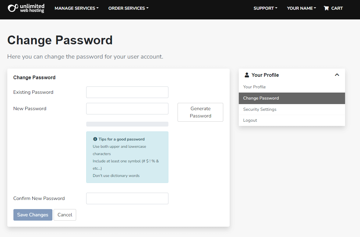 Client Area Change Password Interface