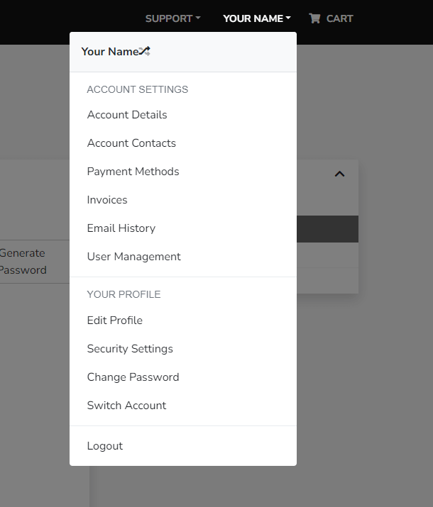 Client Area Account Dropdown Menu