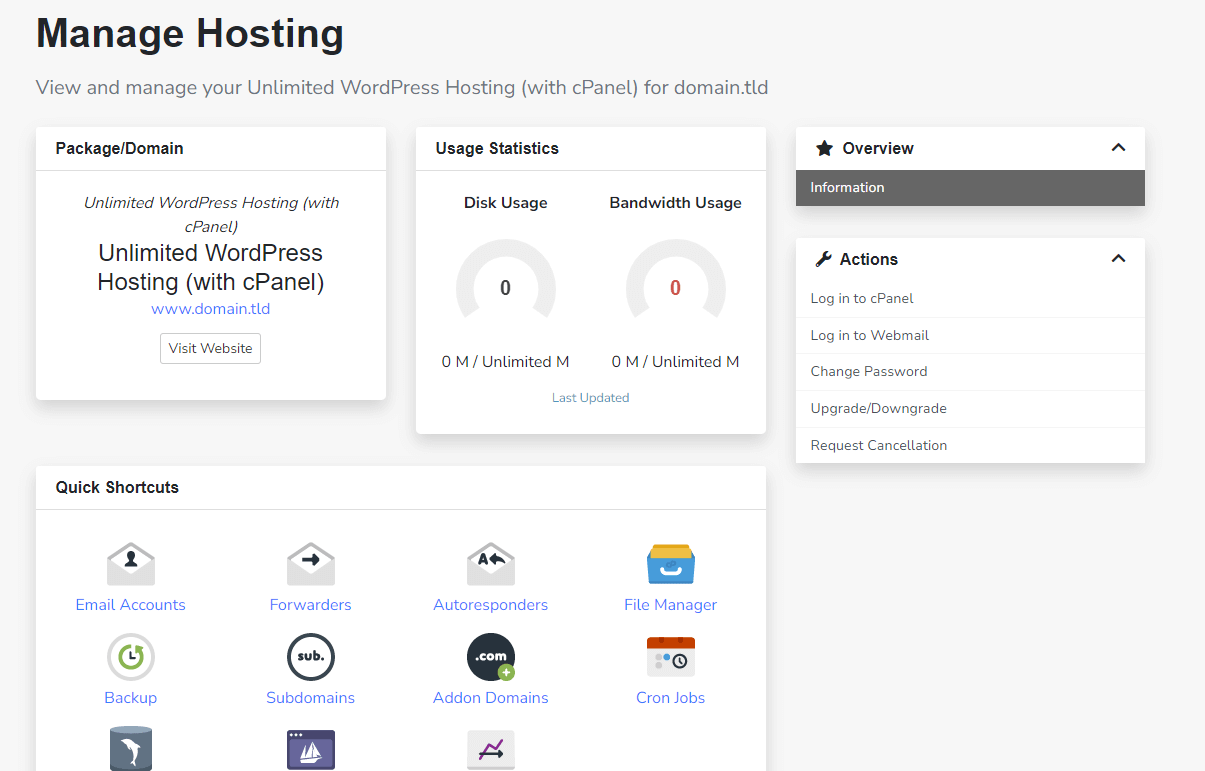 Client Area Manage Hosting
