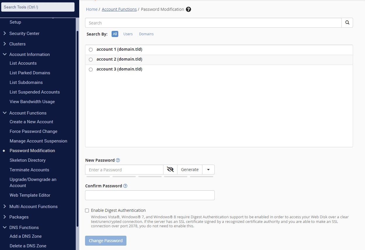 Modify Account Passwords in WHM