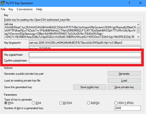 PuTTYgen Passphrase highlighted