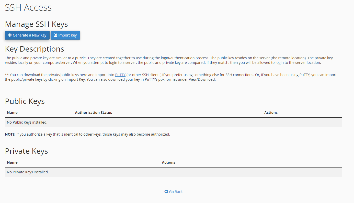 cPanel import and manage keys