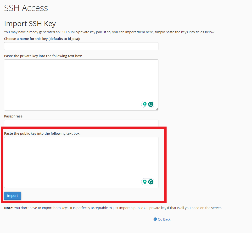 Import public key to cPanel