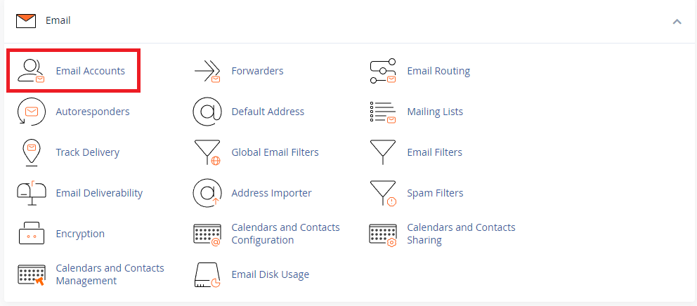 Email section in cPanel showing accounts highlighted