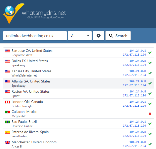 Example of check from whatsmydns.com