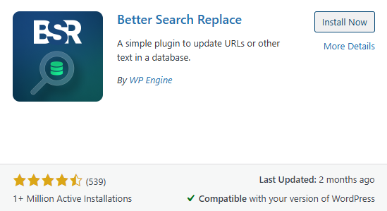 WordPress plugin installer showing Better Search Replace with Install Now button