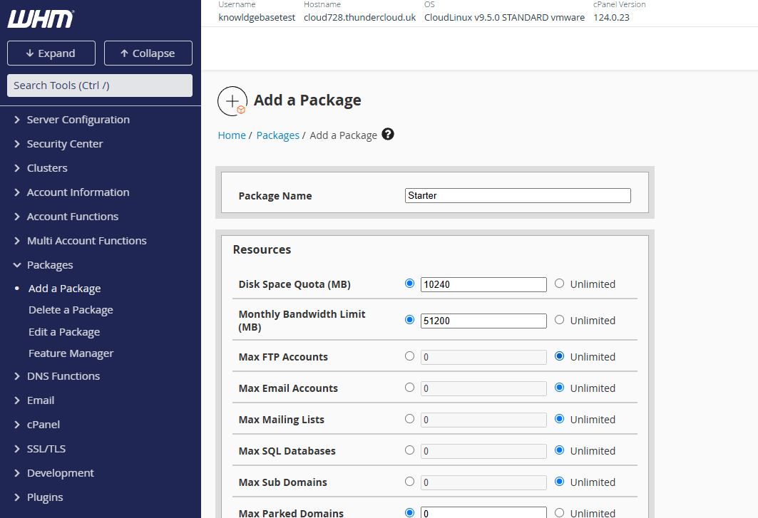 Create a package in WHM