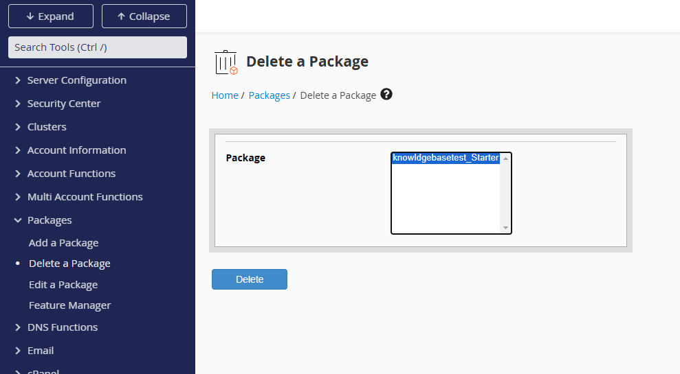 Delete a package in WHM