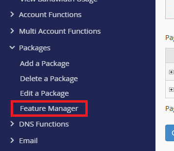 Feature manager highlighted in WHM packages drop down