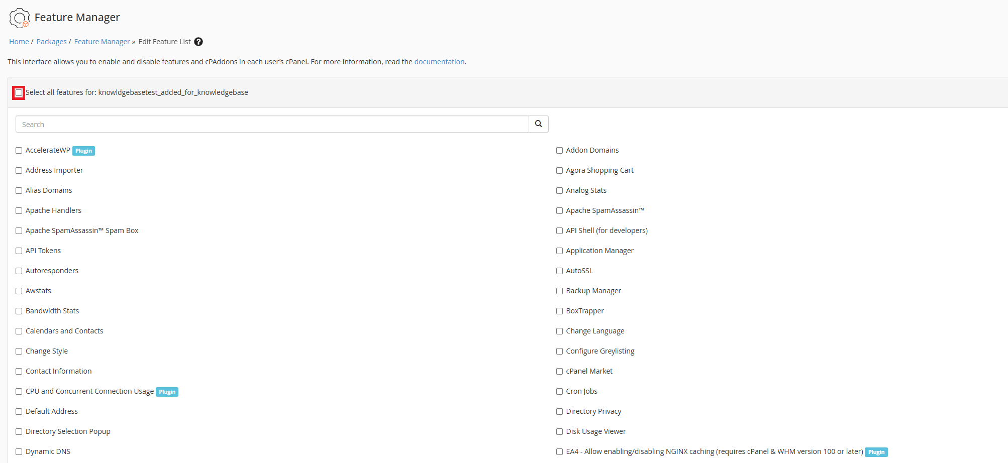 Some features listed in the feature manager tool