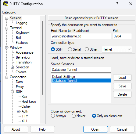 PuTTY saved Session profile