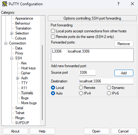 Configured PuTTY Tunnel