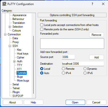 Tunnels Category in PuTTY