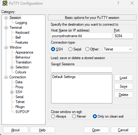 PuTTY window showing sessions area with connection details